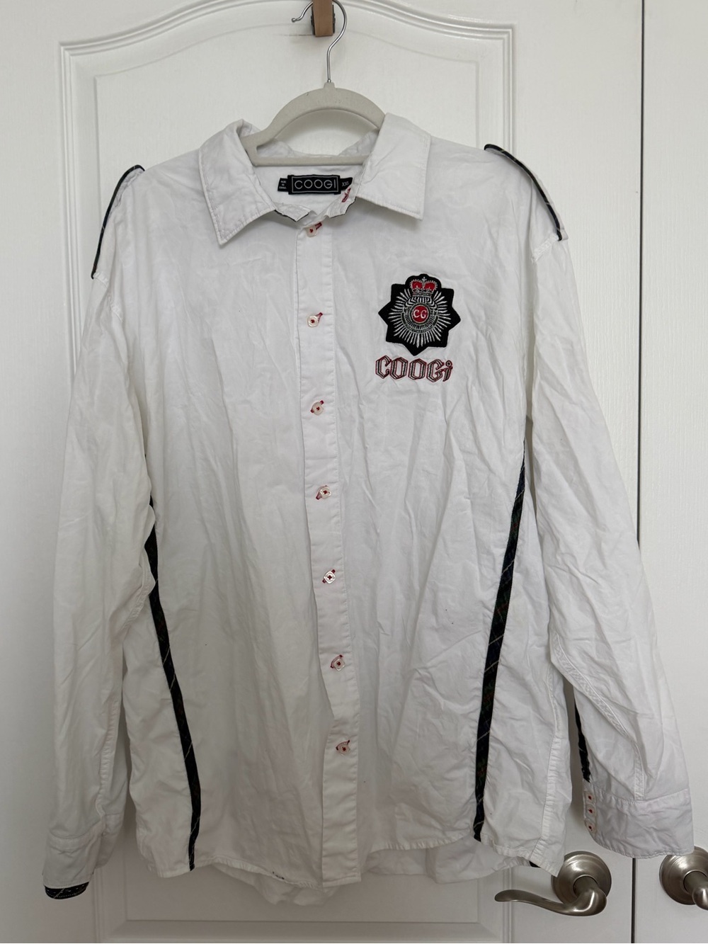 COOGI Men's White Long-Sleeve Button Shirt with Logo Patches size XXL